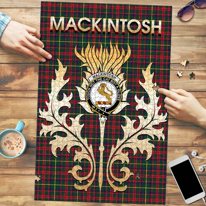 MacKintosh Hunting Modern Clan Name Crest Tartan Thistle Scotland Jigsaw Puzzle