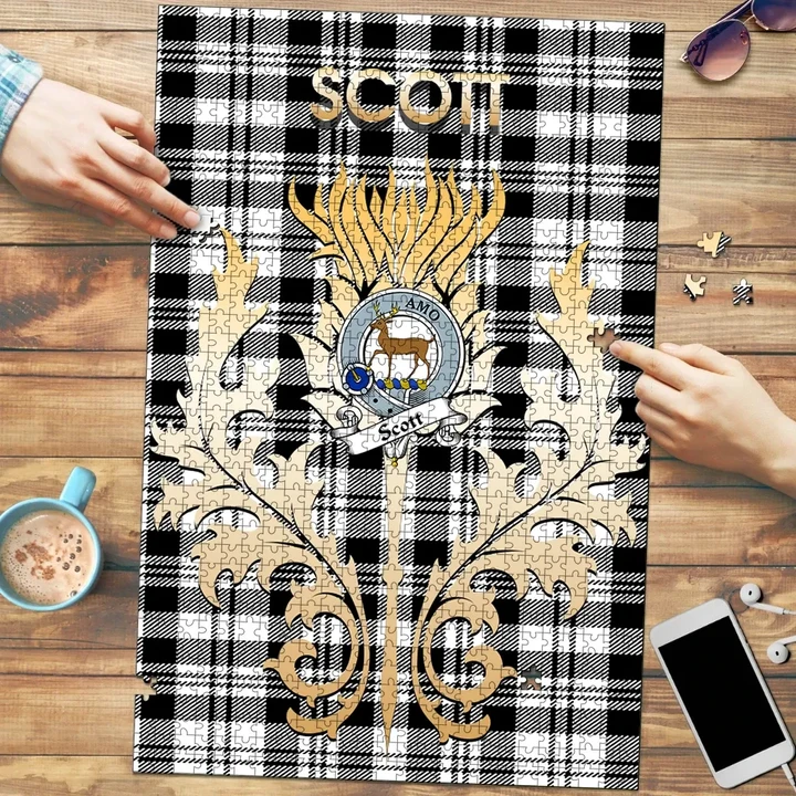 Scott Black White Modern Clan Name Crest Tartan Thistle Scotland Jigsaw Puzzle