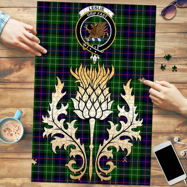 Leslie Hunting Clan Crest Tartan Thistle Gold Jigsaw Puzzle