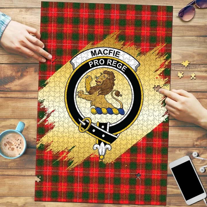 MacFie Clan Crest Tartan Jigsaw Puzzle Gold