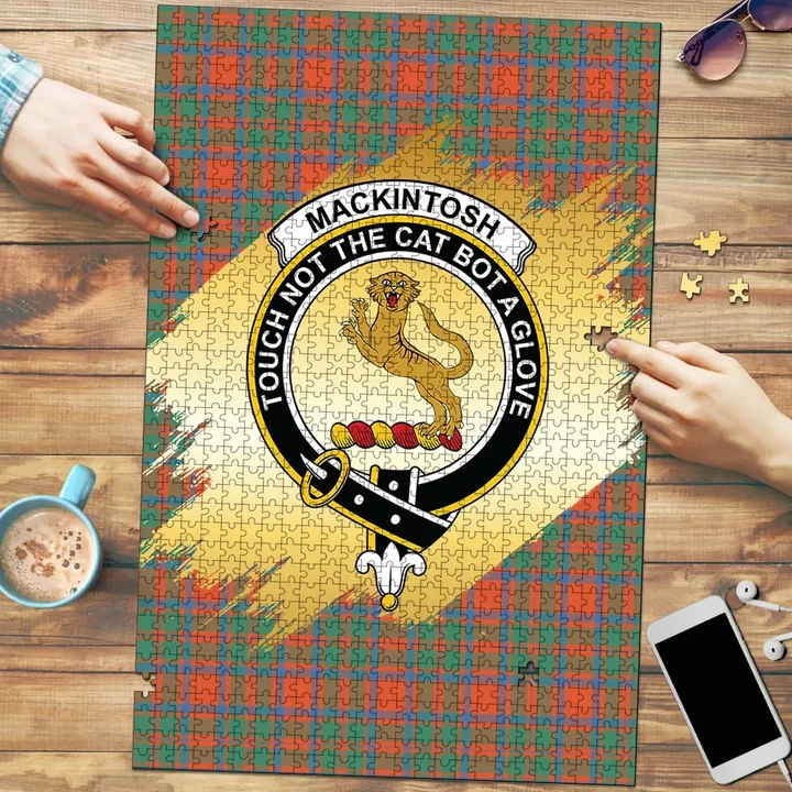 MacKintosh Ancient Clan Crest Tartan Jigsaw Puzzle Gold