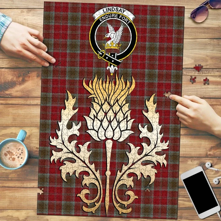 Lindsay Weathered Clan Crest Tartan Thistle Gold Jigsaw Puzzle