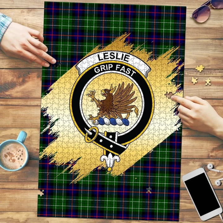 Leslie Hunting Clan Crest Tartan Jigsaw Puzzle Gold