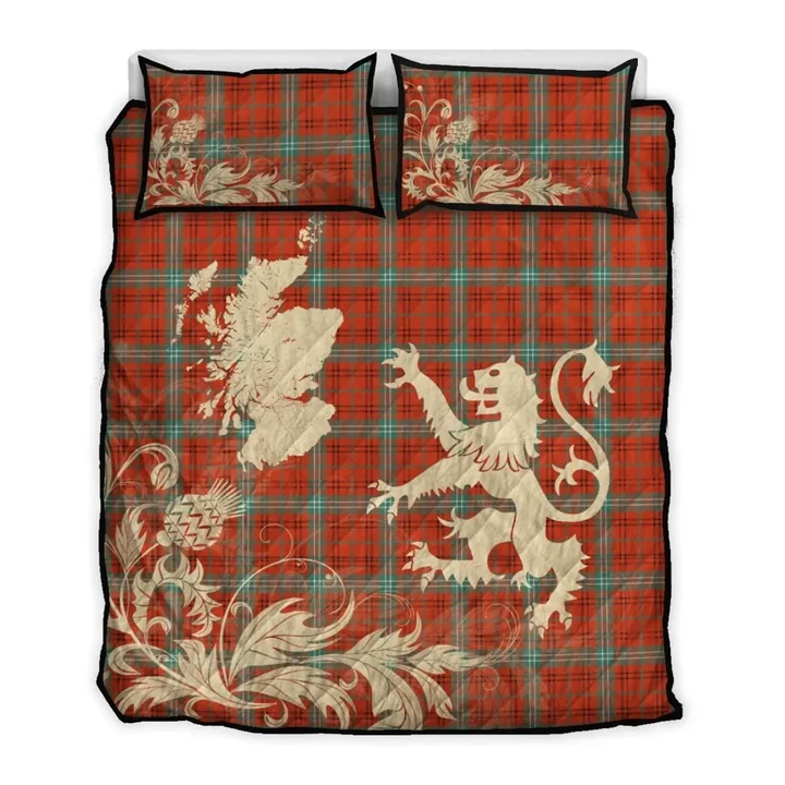 Morrison Red Ancient Tartan Scotland Lion Thistle Map Quilt Bed Set Hj4