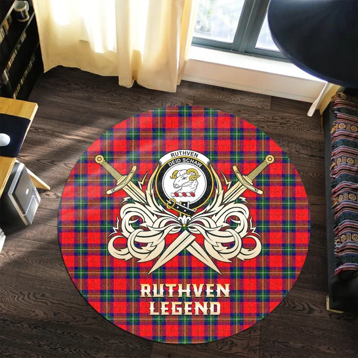 Ruthven Modern Clan Crest Tartan Courage Sword Round Rug
