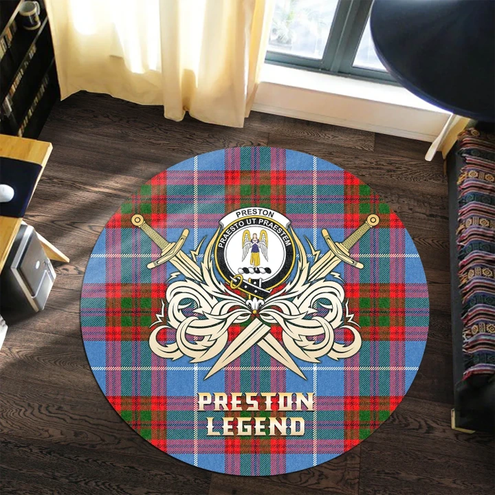 Preston Clan Crest Tartan Courage Sword Round Rug