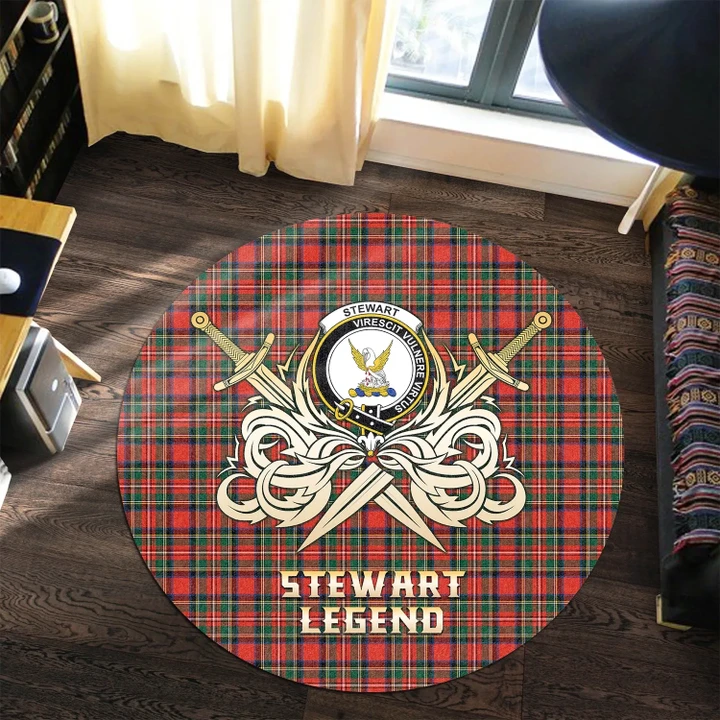 Stewart Royal Modern Clan Crest Tartan Courage Sword Round Rug