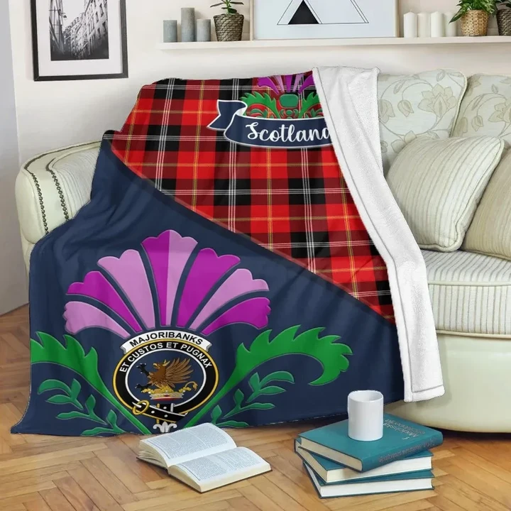 Marjoribanks Crest Tartan Blanket Scotland Thistle A30