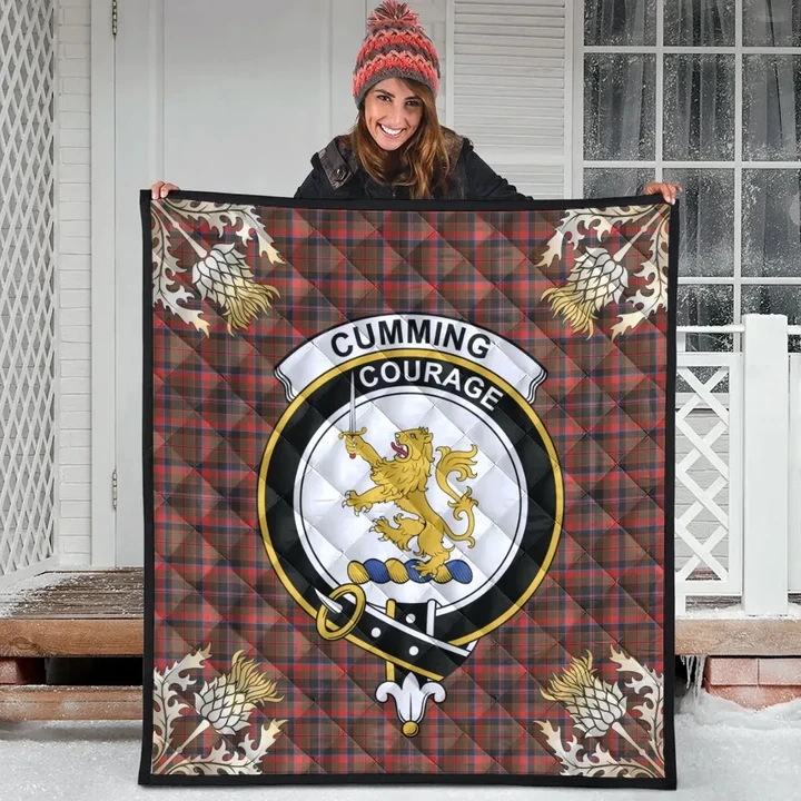 Cumming Hunting Weathered Clan Crest Tartan Scotland Thistle Gold Pattern Premium Quilt K32