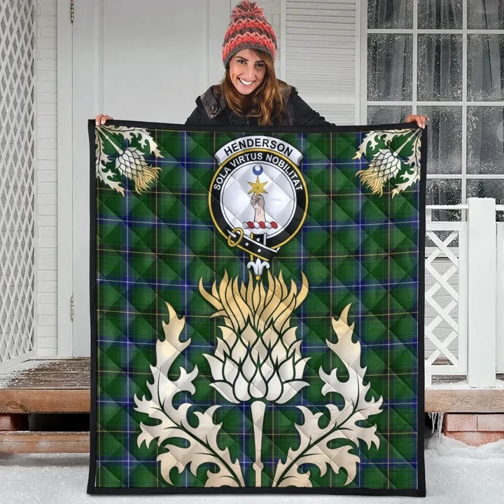 Henderson Modern Clan Crest Tartan Scotland Thistle Gold Royal Premium Quilt