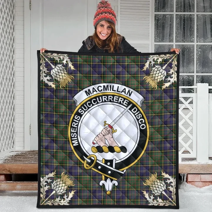 MacMillan Hunting Modern Clan Crest Tartan Scotland Thistle Gold Pattern Premium Quilt