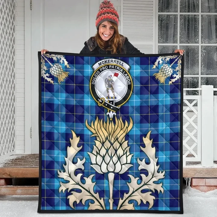 McKerrell Clan Crest Tartan Scotland Thistle Gold Royal Premium Quilt