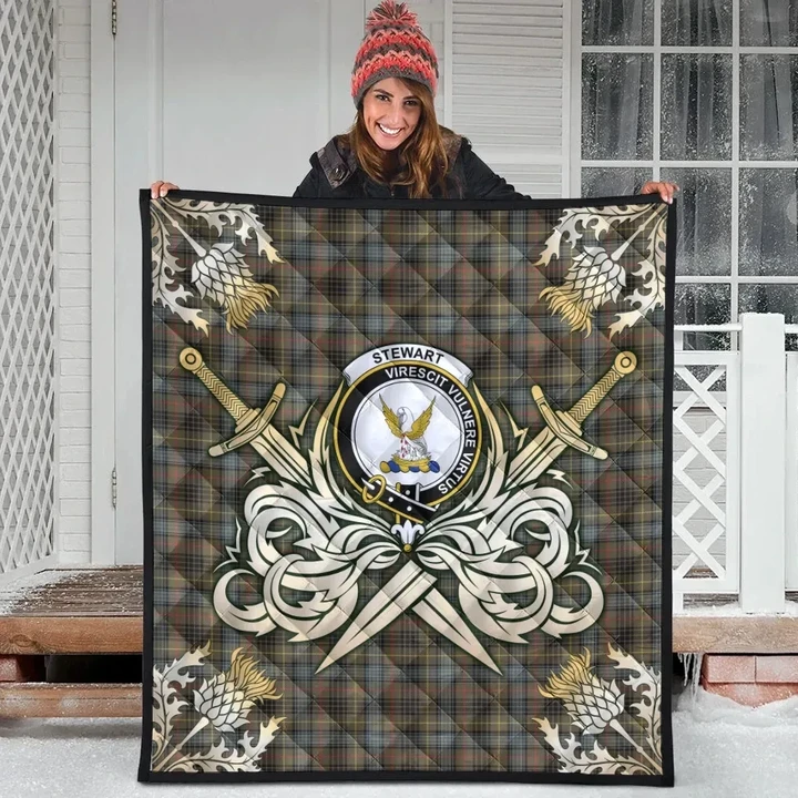 Stewart Hunting Weathered Clan Crest Tartan Scotland Thistle Symbol Gold Royal Premium Quilt