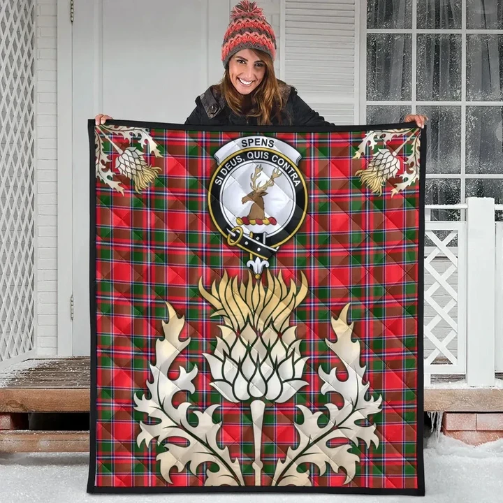 Spens Modern Clan Crest Tartan Scotland Thistle Gold Royal Premium Quilt