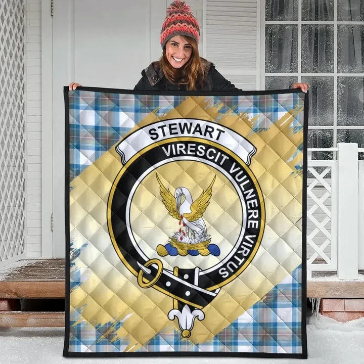 Stewart Muted Blue Clan Crest Tartan Scotland Gold Royal Premium Quilt