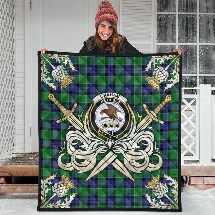 Graham of Menteith Modern Clan Crest Tartan Scotland Thistle Symbol Gold Royal Premium Quilt