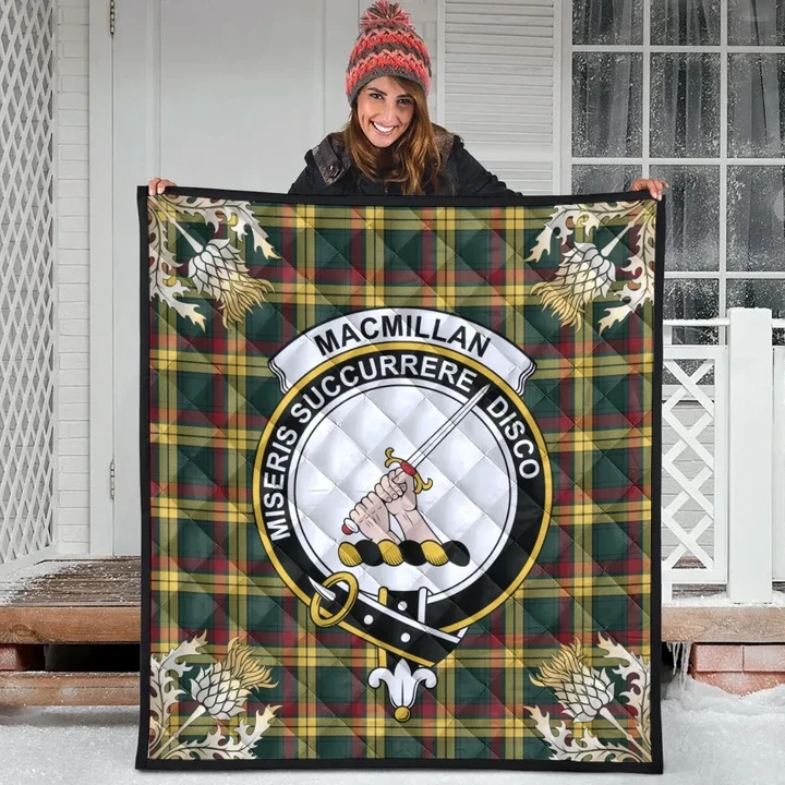 MacMillan Old Modern Clan Crest Tartan Scotland Thistle Gold Pattern Premium Quilt