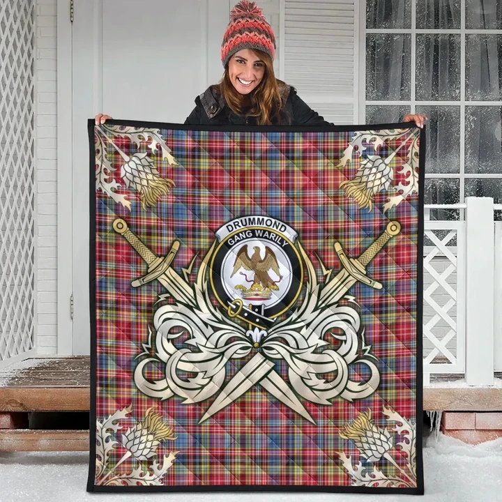 Drummond of Strathallan Clan Crest Tartan Scotland Thistle Symbol Gold Royal Premium Quilt K32