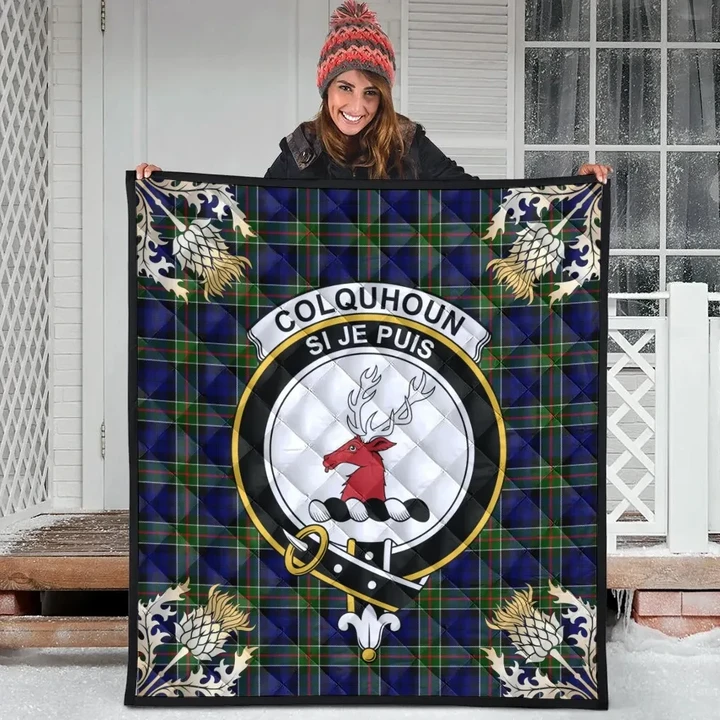 Colquhoun Modern Clan Crest Tartan Scotland Thistle Gold Pattern Premium Quilt K32