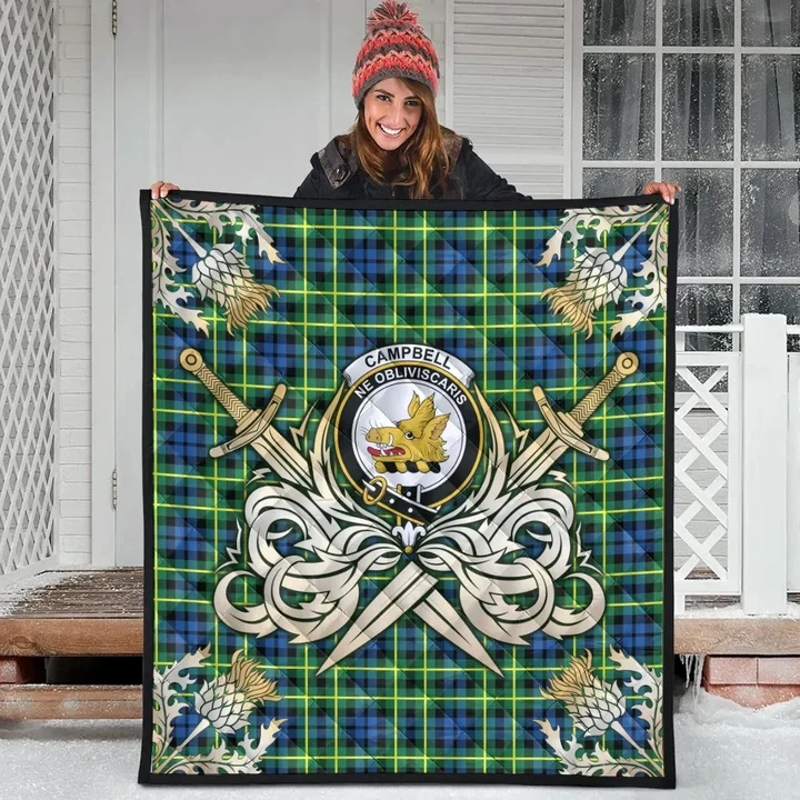 Campbell of Breadalbane Ancient Clan Crest Tartan Scotland Thistle Symbol Gold Royal Premium Quilt K32