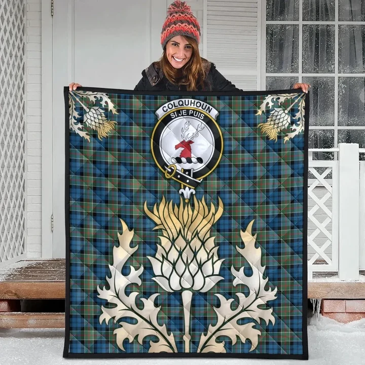Colquhoun Ancient Clan Crest Tartan Scotland Thistle Gold Royal Premium Quilt K32