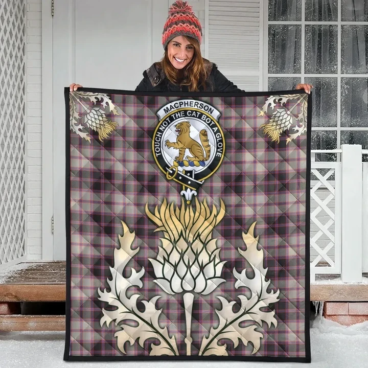 MacPherson Hunting Ancient Clan Crest Tartan Scotland Thistle Gold Royal Premium Quilt