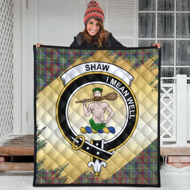 Shaw Green Modern Clan Crest Tartan Scotland Gold Royal Premium Quilt