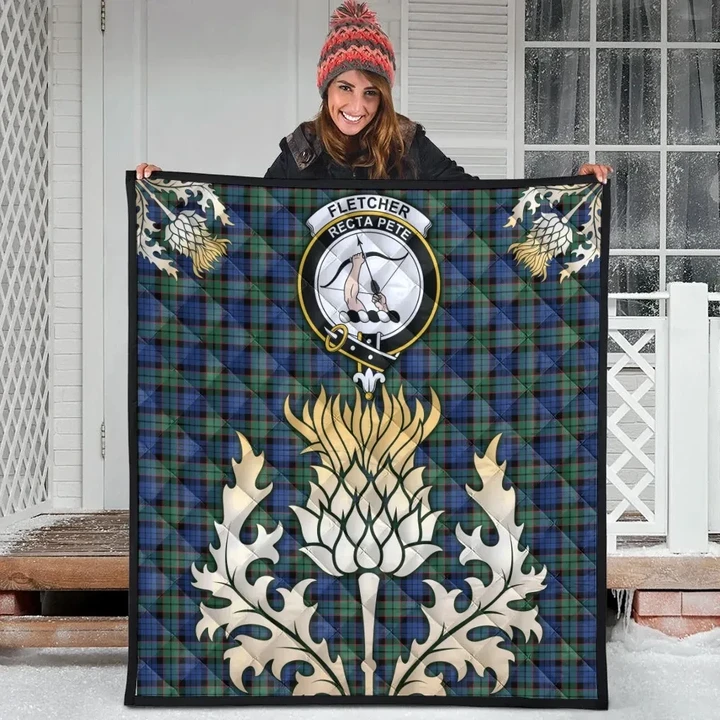 Fletcher Ancient Clan Crest Tartan Scotland Thistle Gold Royal Premium Quilt
