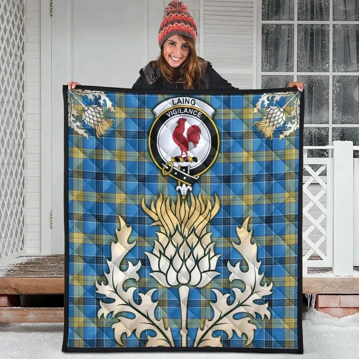 Laing Clan Crest Tartan Scotland Thistle Gold Royal Premium Quilt