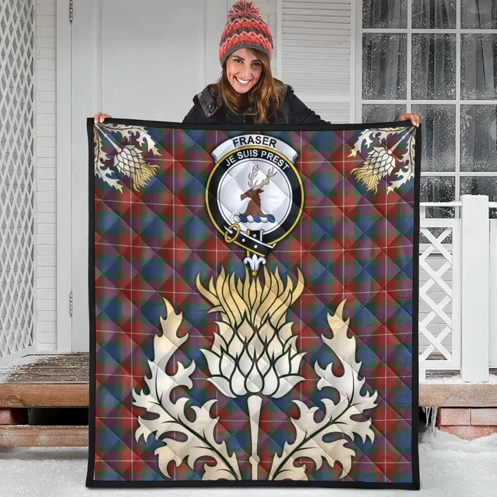 Fraser Ancient Clan Crest Tartan Scotland Thistle Gold Royal Premium Quilt