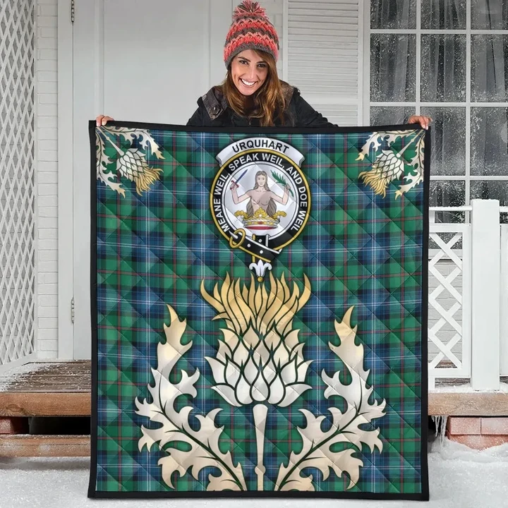 Urquhart Ancient Clan Crest Tartan Scotland Thistle Gold Royal Premium Quilt