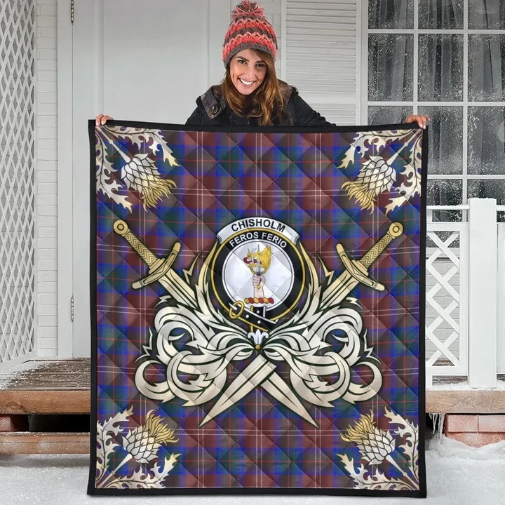 Chisholm Hunting Modern Clan Crest Tartan Scotland Thistle Symbol Gold Royal Premium Quilt K32