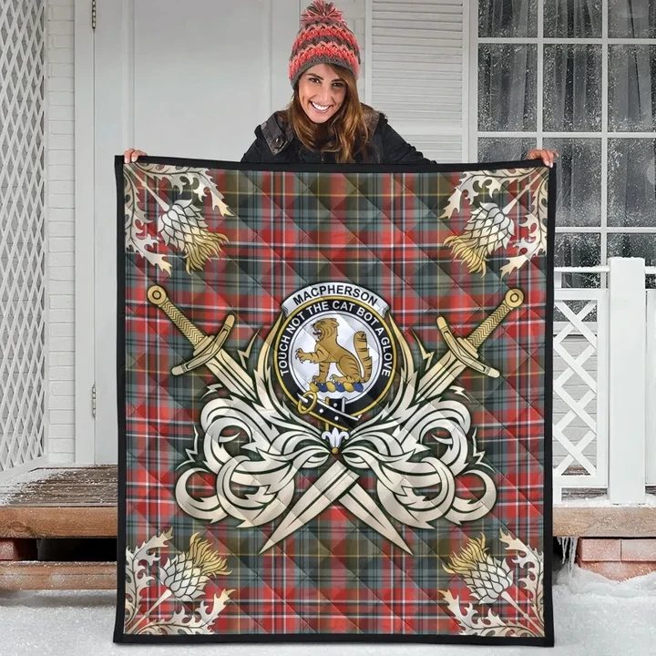 MacPherson Weathered Clan Crest Tartan Scotland Thistle Symbol Gold Royal Premium Quilt