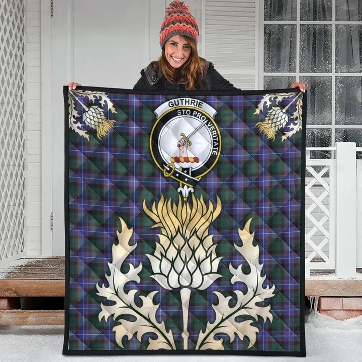 Guthrie Modern Clan Crest Tartan Scotland Thistle Gold Royal Premium Quilt