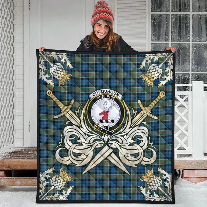 Colquhoun Ancient Clan Crest Tartan Scotland Thistle Symbol Gold Royal Premium Quilt K32