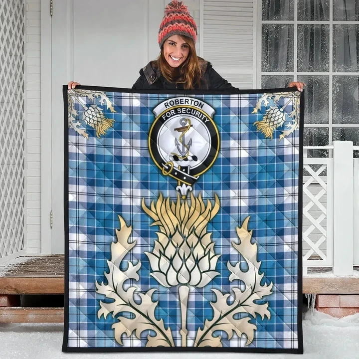 Roberton Clan Crest Tartan Scotland Thistle Gold Royal Premium Quilt