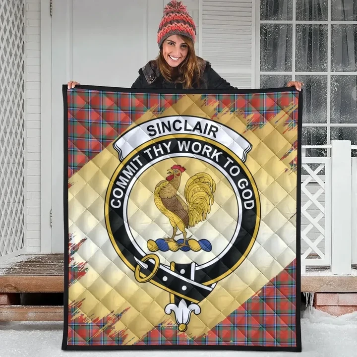 Sinclair Ancient Clan Crest Tartan Scotland Gold Royal Premium Quilt