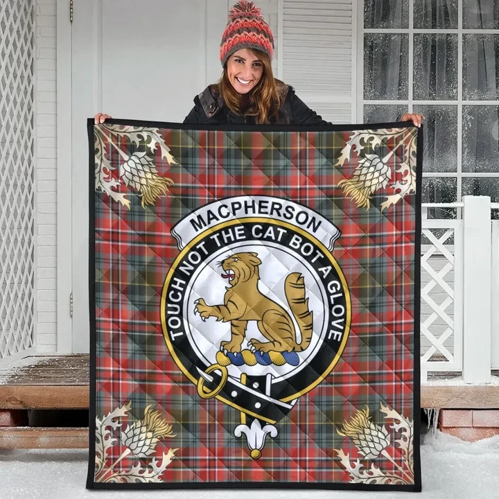MacPherson Weathered Clan Crest Tartan Scotland Thistle Gold Pattern Premium Quilt