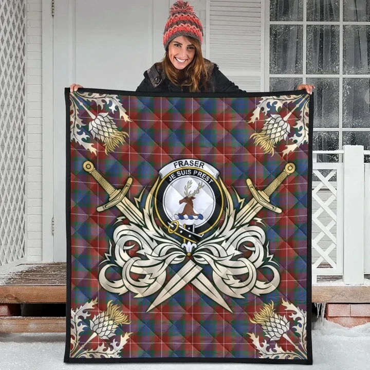 Fraser Ancient Clan Crest Tartan Scotland Thistle Symbol Gold Royal Premium Quilt