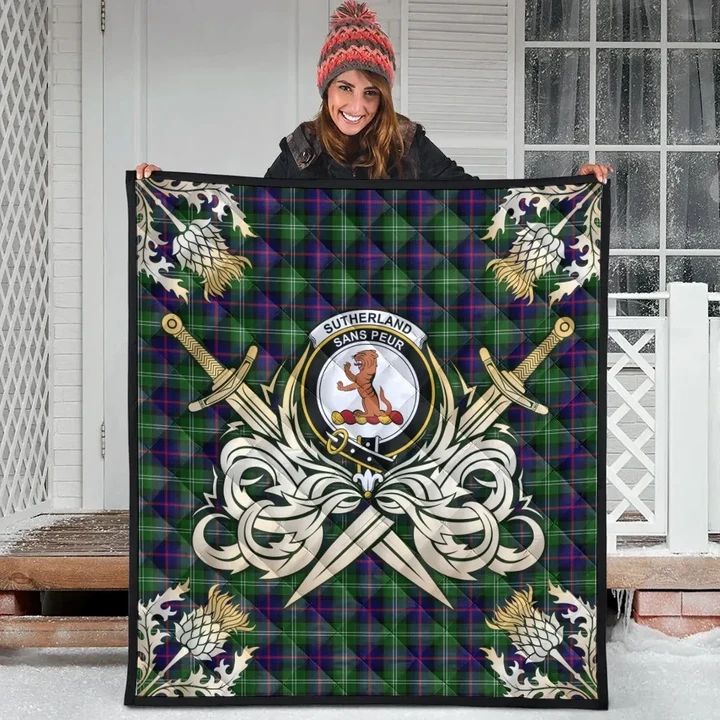 Sutherland Modern Clan Crest Tartan Scotland Thistle Symbol Gold Royal Premium Quilt