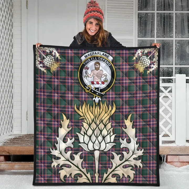 MacFarlane Hunting Modern Clan Crest Tartan Scotland Thistle Gold Royal Premium Quilt