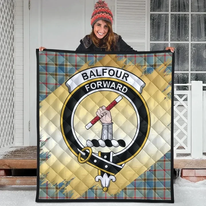 Balfour Blue Clan Crest Tartan Scotland Gold Royal Quilt K32