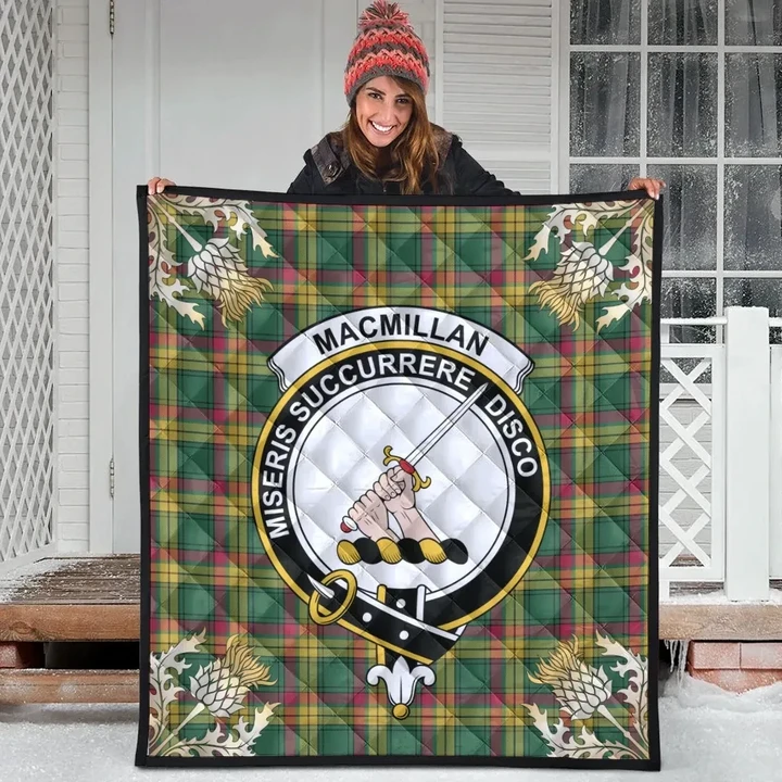 MacMillan Old Ancient Clan Crest Tartan Scotland Thistle Gold Pattern Premium Quilt