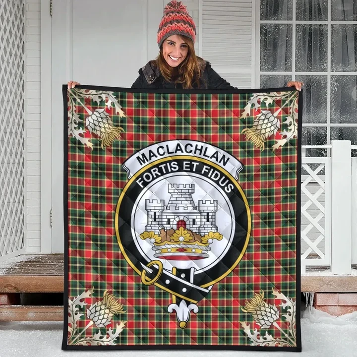 MacLachlan Hunting Modern Clan Crest Tartan Scotland Thistle Gold Pattern Premium Quilt