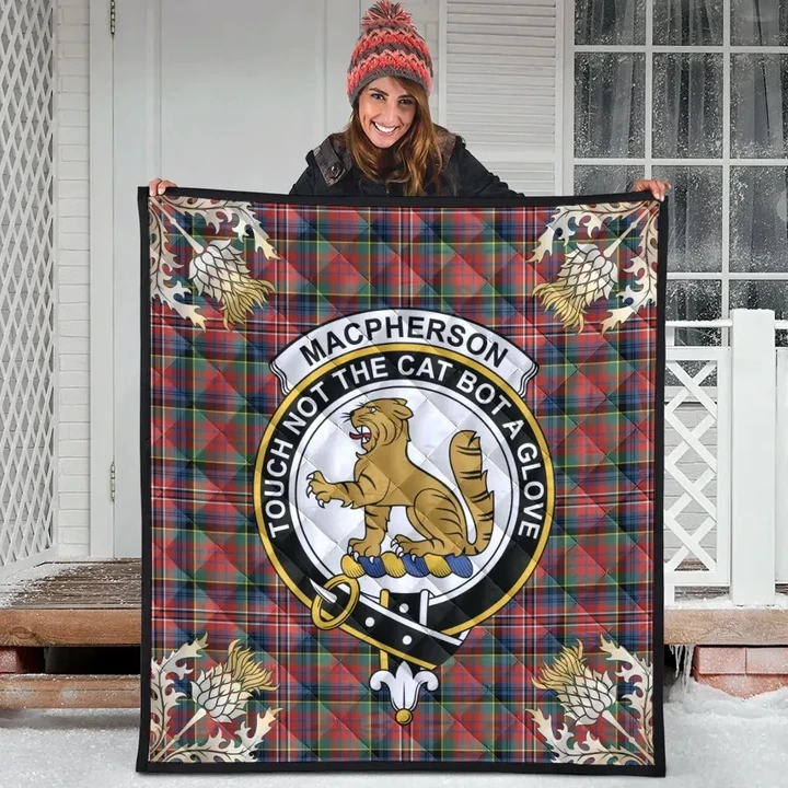 MacPherson Ancient Clan Crest Tartan Scotland Thistle Gold Pattern Premium Quilt