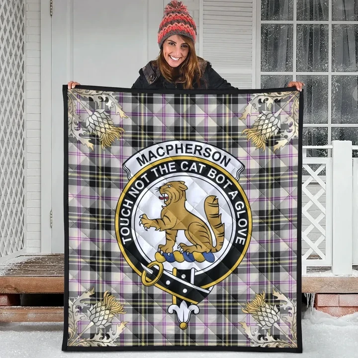 MacPherson Dress Ancient Clan Crest Tartan Scotland Thistle Gold Pattern Premium Quilt