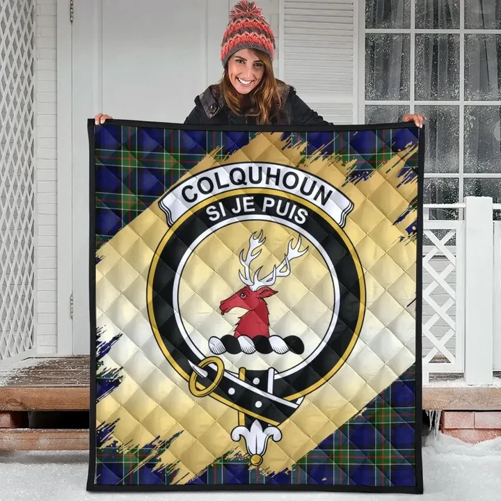 Colquhoun Modern Clan Crest Tartan Scotland Gold Royal Quilt K32