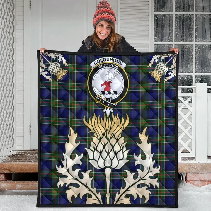 Colquhoun Modern Clan Crest Tartan Scotland Thistle Gold Royal Premium Quilt K32