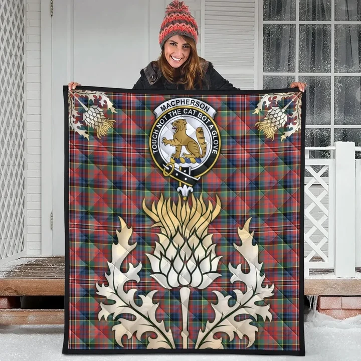 MacPherson Ancient Clan Crest Tartan Scotland Thistle Gold Royal Premium Quilt