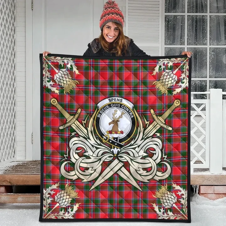 Spens Modern Clan Crest Tartan Scotland Thistle Symbol Gold Royal Premium Quilt